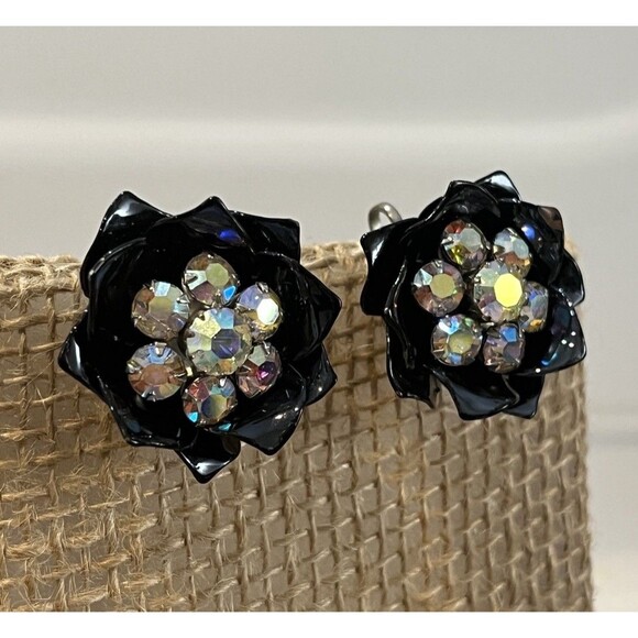VTG Rhinestone Clip On Floral Earrings Black Enamel Aurora Borealis Whimsigoth - Picture 3 of 11